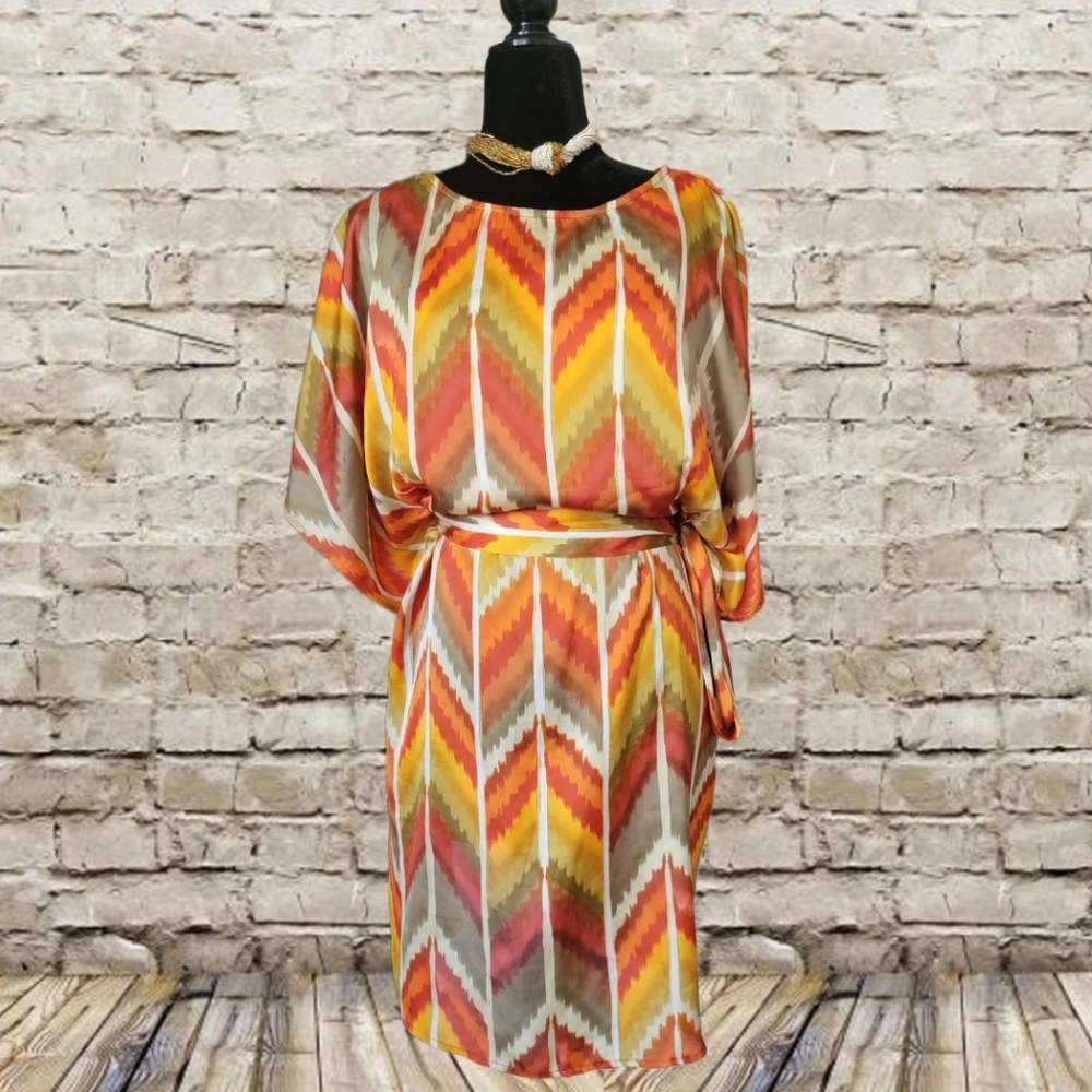 JBS Colorful Chevron Print Elastic Waist Polyester Open Sleeve Dress